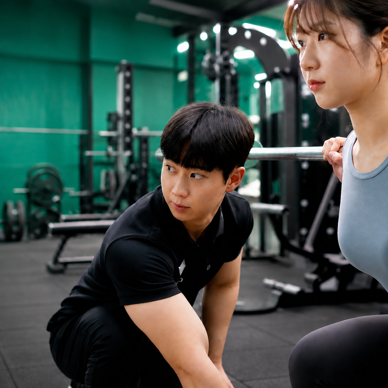 검은색 카라티 코치가 회원의 스쿼트 동작을 지도하는 모습