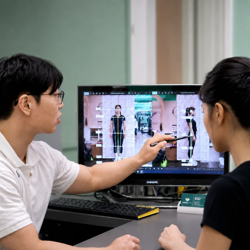 화면을 보며 자세와 운동 방향을 설명하는 상담 장면