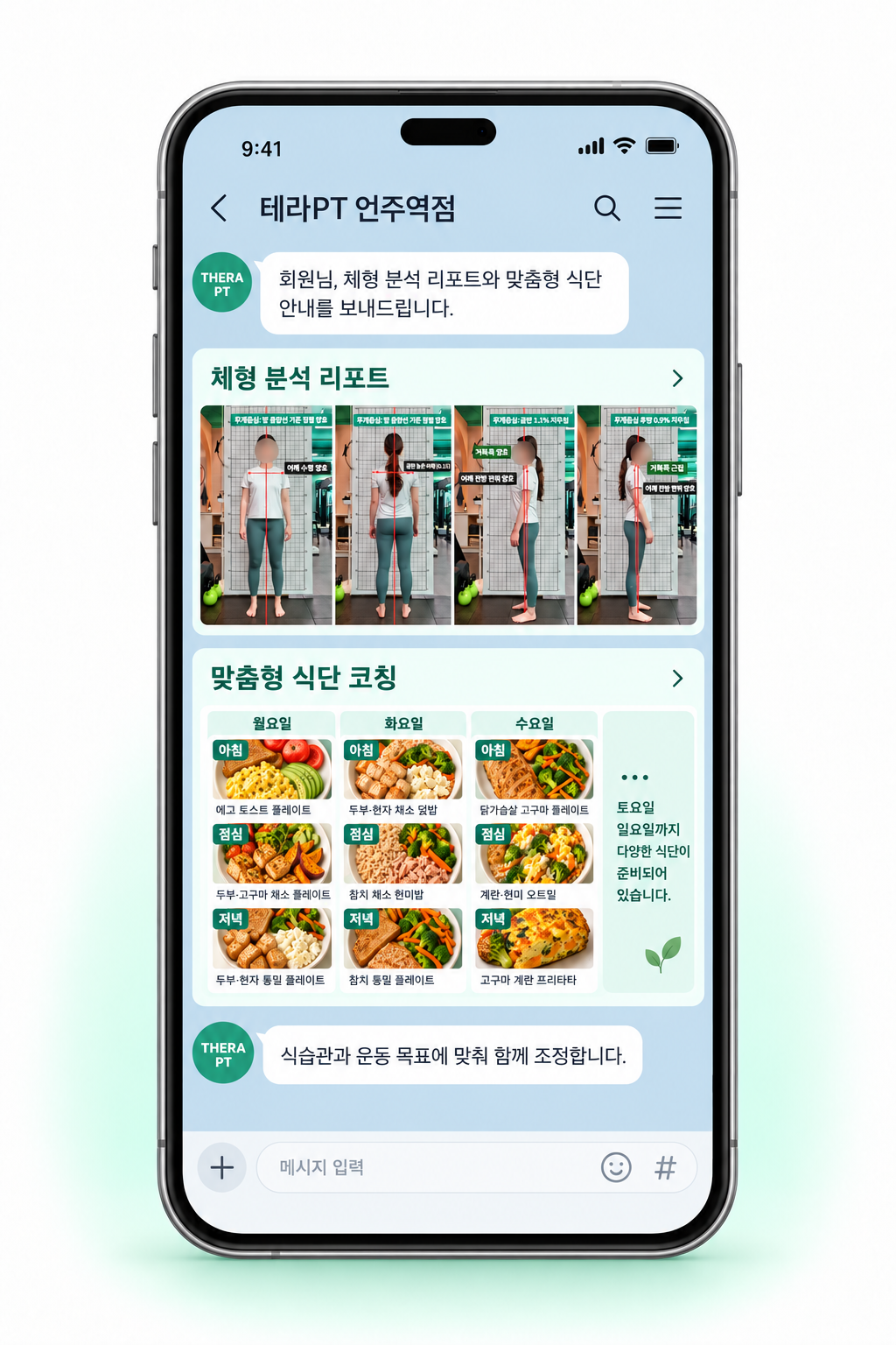휴대폰 카카오톡 화면 안에 얼굴과 이름을 가린 체형 분석 리포트와 맞춤형 식단 코칭을 담은 전달 예시